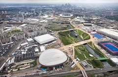 120705 Aerial shoot over Olympic Park, London. Image showing a view looking south across the Parklands area towards Canary Wharf..Picture taken by Anthony Charlton