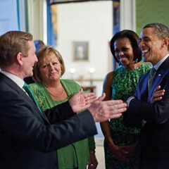President Barack Obama and First Lady Michelle Obama talk with Irish Prime Minister Enda Kenny and his wife, Fionnuala Kenny, in the Green Room of the White House before a St. Patrick's Day reception, March 17, 2011. (Official White House Photo by Pete Souza)

This official White House photograph is being made available only for publication by news organizations and/or for personal use printing by the subject(s) of the photograph. The photograph may not be manipulated in any way and may not be used in commercial or political materials, advertisements, emails, products, promotions that in any way suggests approval or endorsement of the President, the First Family, or the White House.