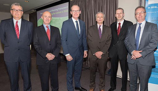 Paul Crowley, Central Statistics Office; Eamonn O’Reilly, Dublin Port Company; Minister Simon Coveney TD; Henk van der Kamp, Dublin Institute of Technology; Edgar Morgenroth, Economic and Social Research Institute (ESRI); and David Walsh, Department of Housing, Planning, Community and Local Government.